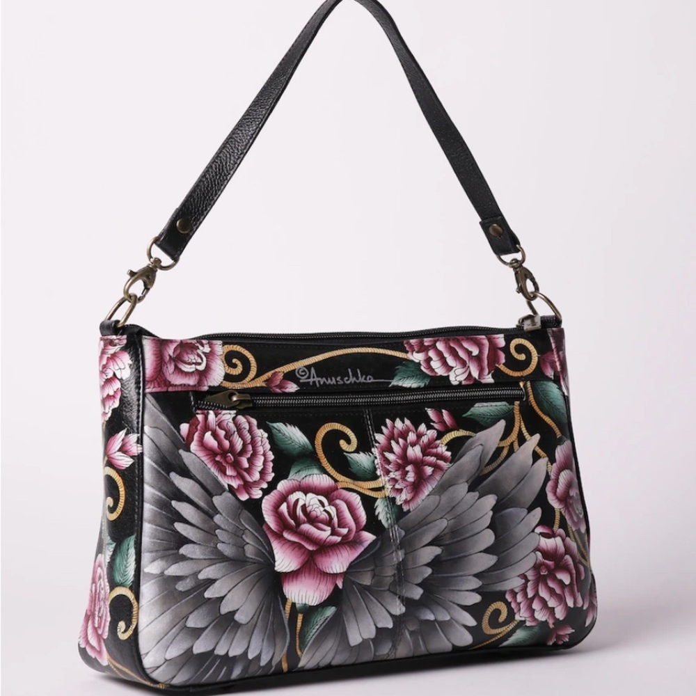 Anuschka Black Bag with Pink Floral and Wing Design - Picture 2 of 5
